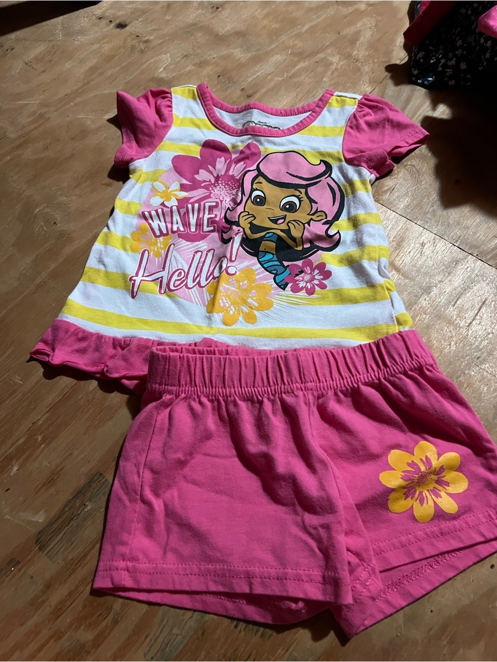 Girls Pink & Yellow Wave Hello Short Set